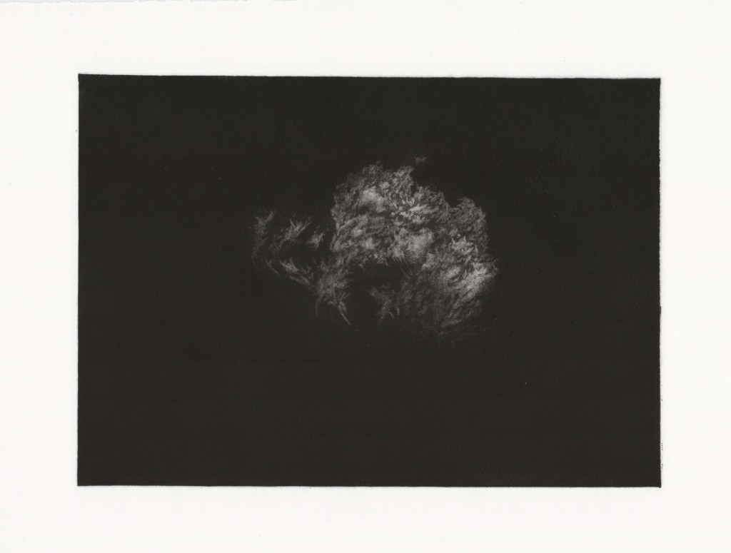 A monochromatic mezzotint print depicting a cloud-like form on a black background, showcasing soft textures and gradients.